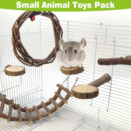 BNOSDM 6PCS Chinchilla Cage Accessories, Natural Wood Sugar Glider Climbing Bridge & Perch Platforms, Rat Enrichment Toys Set for Small Animals Squirrel, Gerbil, Hamster - color: 6PCS-Wooden Ladder & Swing T-Perch Set
