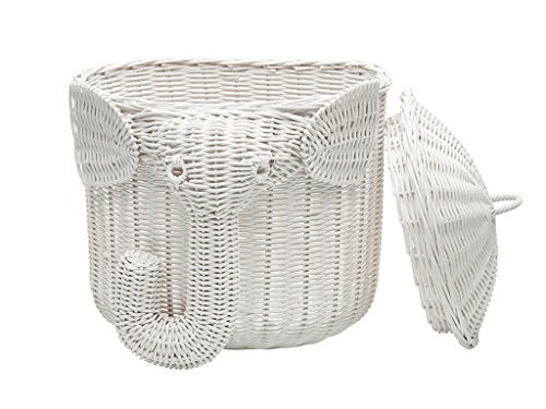 KOUBOO Rattan Elephant Storage Animal Shaped Handwoven Cloths with Lid Decorative Storage Bin Fruit Container Bedroom Shelf Organizer White