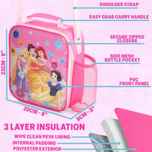 Get Trend Disney Princess Girls Lunch Box 3Pc Set | Kids Insulated Lunch Bag with BPA-Free Water Bottle and Bento Box, Back to School Gifts for Girls - color: Pink Princess