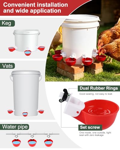 Chicken Waterer Cups (16 Pack) with 3/8" Drill Bit - Red | Automatic Poultry Drinker Feeder Kit for Chickens, Ducks, Turkeys, Quail, Bunnies | DIY Gravity Fed Bucket Water Dispenser - color: Red, size: 16 Pack + Drill bit