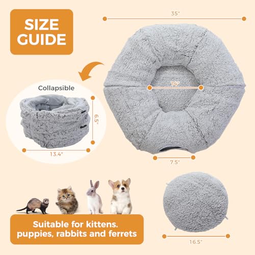 PEQULTI Cat Tunnel with Bed for Indoor Cats, Cat Play Donut Tunnel with Washable Soft Plush Mat, Round Cat Tunnel Toys Cute Cat Tube for Kittens, Puppies, Rabbits and Ferrets, Grey - color: Grey