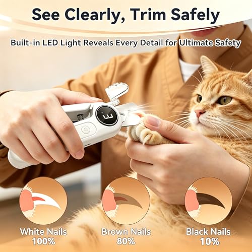 2 in 1 Dog Nail Clippers & Grinder with Light, Quiet Electric Cat Nail Trimmer for Large Medium Small Dogs & Cats, 3 Speeds, Rechargeable, Splash Guard & Safety Lock, Painless Grooming Tool (White)