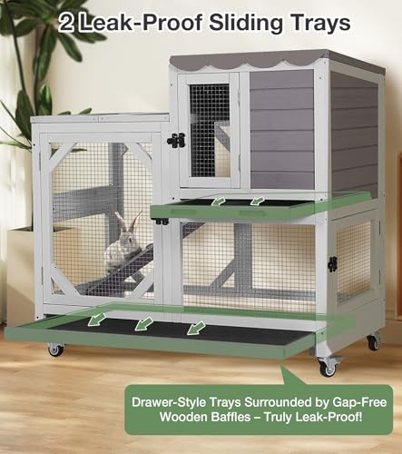 Rabbit Hutch 2-Story Wooden Bunny Cage with 2 Leak-Proof Sliding Trays, Chew-Proof Metal Mesh, Rainproof Cover, Indoor & Outdoor Guinea Pig House with Wheels - Grey - color: 39"L Grey