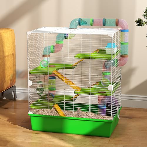 PawHut Extra Large 23" Hamster Cage with Tubes and Tunnels, Portable Carry Handles, Rat House and Habitats Big 5-Tier Design, Mouse Cage Includes Exercise Wheel, Water Bottle, Food Dish, Green | Portable Carry Handles, Rat House and Habitats, Big 5-Tier D