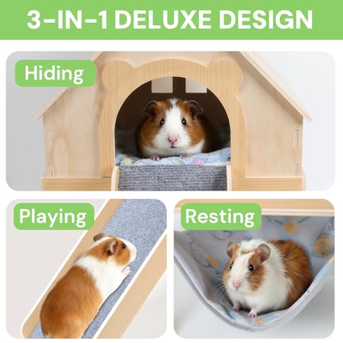 Guinea Pig Hideout- Wooden Guinea Pig Toys with Stairs and Mat & Hammock, Detachable Double-Decker House for Small Animal Toys for Hiding Sleeping Activities