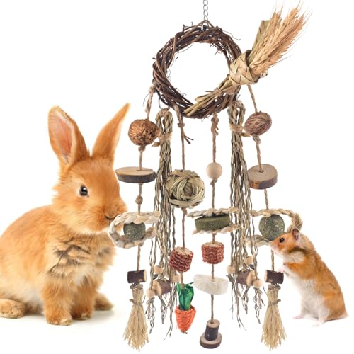 Bissap Bunny Chew Toy, Rabbit Cage Hanging Chewing Toy Treat Christmas Grapevine Wreaths Rattan Ring with Snack Water Grass for Guinea Pig Chinchilla Hamster Rat and Other Small Pet Teeth Grinding - style: Wheat & Vine