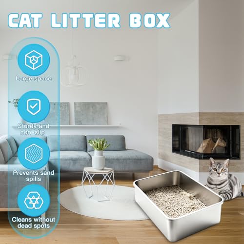 Large Stainless Steel Cat Litter Box, High Sides No-Splash,1 Pack | Easy Clean Non-Stick Pan For Adult Cats or Kitty/Kitten, Rust-Proof, No Smell, Easy to Clean
