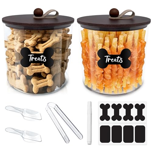 HOYTAMDAR 2 Pack Airtight Dog Treat Containers Bamboo Lids, Dog Treat Jars | Dog Food Storage Container with Scoops, Clamps, Labels and Marker, Dog & Cat Treat Holder - color: Brown - 2 Pack