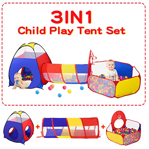 GeerWest 3 in 1 Kids Play Tent for Toddler with Baby Ball Pit and Play Tunnel, Children Indoor Outdoor Playhouse with Climbing Tunnel Toy for Toddlers, Boys and Girls Best Birthday Gifts（No Balls） - style: 3 In 1 Kids Play Tent