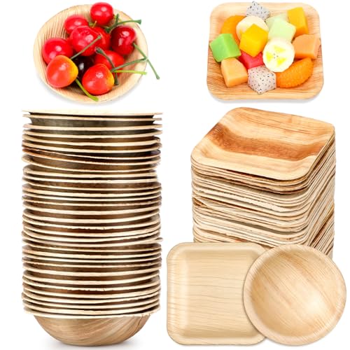 50 Pcs Disposable Palm Leaf Bowls Plates Set for Rabbits 4", Sturdy Bamboo Party Bowls Decorative Compostable Tableware for Bunnies Birthday Outdoor BBQ Picnic Wedding