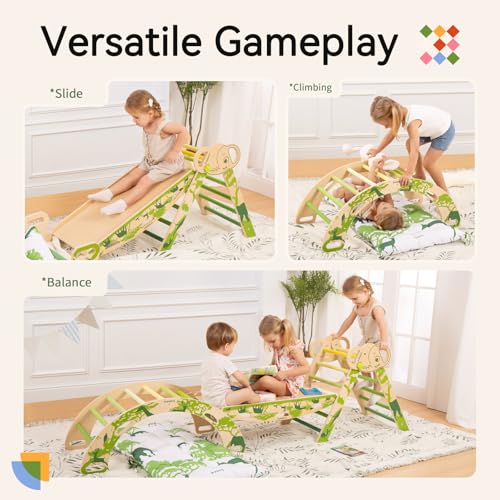 Pikler Triangle Set, Montessori 8-in-1 Climbing Set with Cushion | Wood Jungle Gym for 18M-5Y, Foldable, Reversible Animal Slide, Patent-Protected, 2.35in Gap, ASTM F963, Green - color: Green