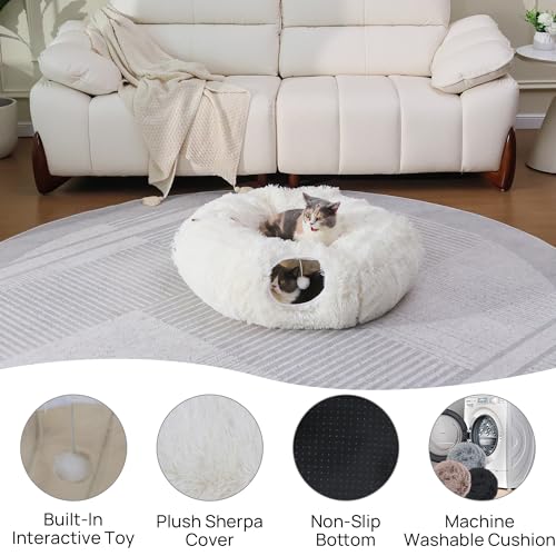 Cat Tunnel with Bed – Soft Plush Peekaboo Donut Cave for Indoor Cats | Under Christmas Tree Hideaway & Multifunctional Playground Toy for Kittens, Rabbits, Ferrets (Long-Pile Fabric White) - color: Long-pile fabric White