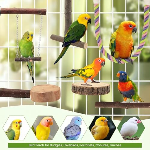 8PCS Natural Wood Bird Perches, Parrot Perch Stand & Chewing Toy with Multi-Branch & Rope, Cage Accessories for Parakeets, Conures, Cockatiels, Lovebirds, Budgies - size: Swing & Rope Set - 8PCS