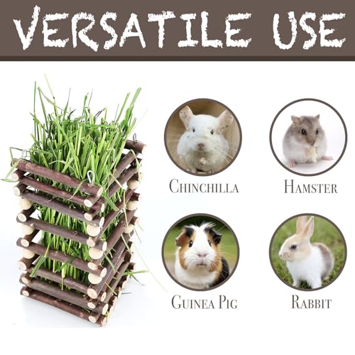 Apple Wood Hay Feeder for Small Animals - Durable Pine & Apple Wood Hay Rack with 2 Hooks - Food Dispenser & Grass Holder for Rabbit, Guinea Pig, Chinchilla, Hamster, Gerbil, 10x10x18cm