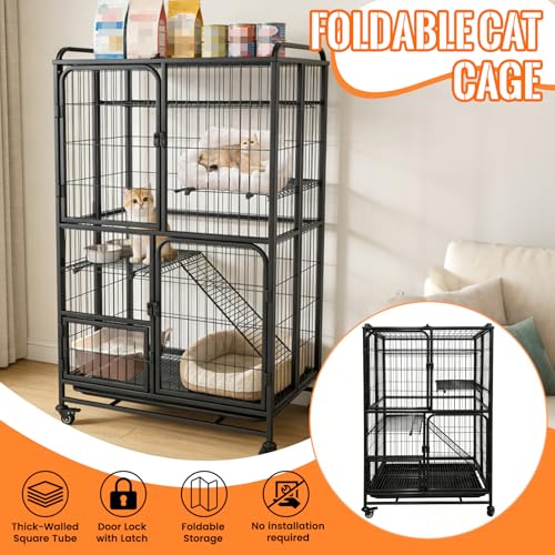 Multi-Tier Collapsible Cat Cage Crate, Metal Wire Cat Enclosures for Indoor | Cat playpen with 360° Wheels and Secure Lock,Large Ferret Kennel for Adult Cats Kitten Chinchilla (Black 4-Tier)