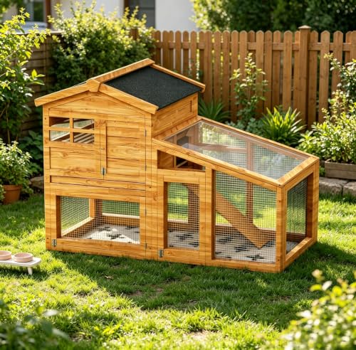 54" 2-Tier Wooden Rabbit Hutch with Run, Small Animal Cage with Removable Tray, Ramp, 6 Access Doors & Asphalt Roof, Weather-Resistant Bunny House for Rabbits, Guinea Pigs, Chinchillas, Natural Wood - color: Wood color