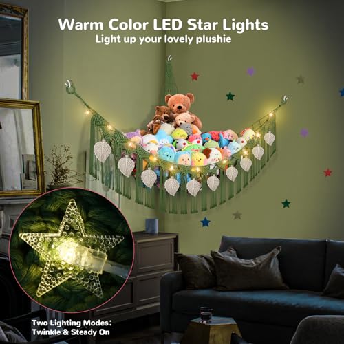 82.7x59x59 Inch Jumbo Stuffed Animal Storage Hammock Corner Toy Net, Green | Macrame Cream Leaf Stuffed Animal Net Organizer for Stuffy Plushie, Boho Handcrafted Plushies Storage Holder w/Star Lights - color: Green, size: XXX-Large Leaf Style