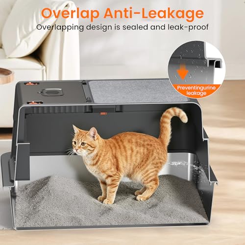 XXXXL Stainless Steel Litter Box with Lid,28.0" L × 20" W × 17" H Extra Large High Sided Cat Litter Box for Multi -Cats,Enclosed Metal Litter Box with Cat Scratcher and Scoop,Dark Gray