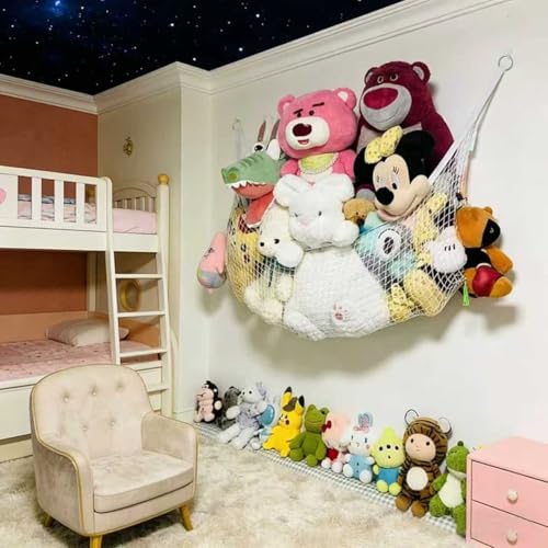 Stuffed Animal Hammock, Corner Wall Storage Net for Plush Toys, Polyester Hanging Organizer for Bedroom and Playroom Decor, White, 51 Inch, Includes Hooks - size: 1.3m