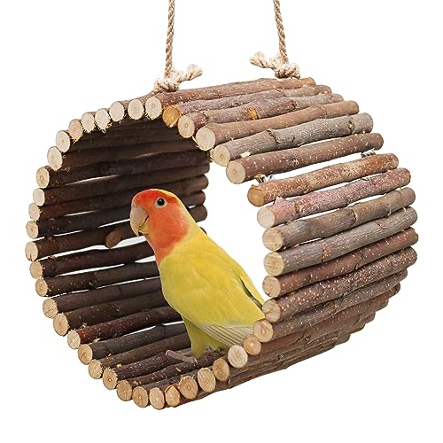 Natural Apple Wood Parrot Hammock & Tree Caves - Bird Cage Accessories for Little Bird, Parakeets, Cockatiels, Lovebirds & Hamsters (6.49" Diameter) - color: Hemp Rope Style, size: Small