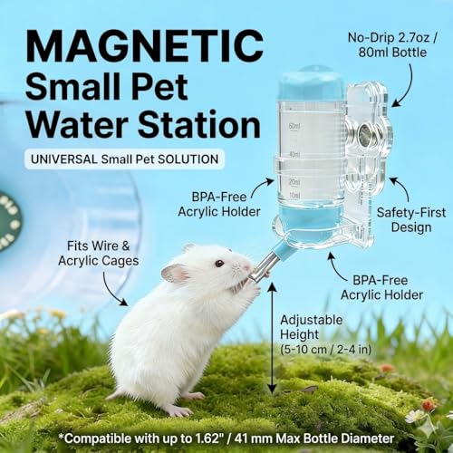 Strong Magnetic Hamster Water Bottle with Holder, 2.7oz No Drip Small Animal Water Bottle for Glass Tanks, Hamsters, Gerbils, Mice, Rats, BlueZ9476-5
