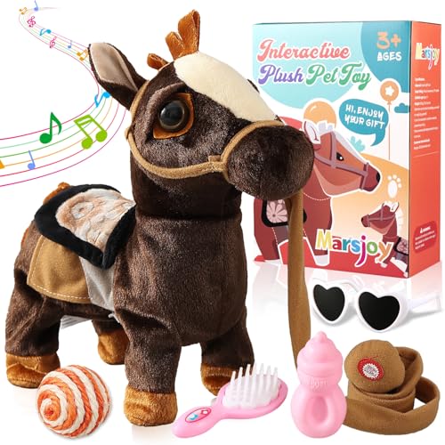 Marsjoy Black Walking Pony Toy Musical Singing Dancing Plush Interactive Walk Along Toy Horse with Leash Pony Robot Stuffed Animal for Boy Girl Ages 3+ H: 11.81" Age 3+ - color: Black Pony