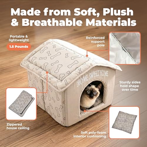 Best Pet Supplies Cat Bed for Indoor Cat, Domed Tent House with Removable Pillow, Covered Cat Cave for Small Dog, Puppies and All Breeds of Cats - Light Brown w/ Bones, 16 x 16 x H:14" - color: Light Brown w/ Bones, size: 16" x 16" x H:14"