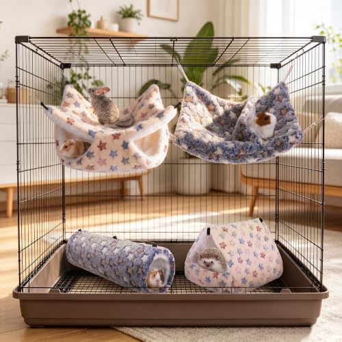 MCEAST 4 Pieces Small Pets Cage Accessories Hanging Hammock Sleeping Bag Tunnel and Bed Hideout Set Warm Sleep Nap Sack Bed for Hamster Ferret Squirrel Rabbit, Light Brown and Gray Stars - style: Brown+Gray Stars