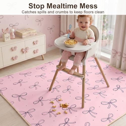 Basumee Splat Mat for Under High Chair, Waterproof & Mess-Proof Floor Mat | 46"×42" Baby Splash Mat, Non Slip Bottom, 4-Layer Fabric, Food & Liquid Catcher, Machine Wash for Boy Girl, Meals, BLW, Craft - color: Blush Pink Bows, size: 46x42 Inches