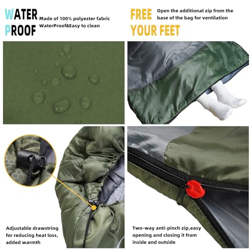 Sleeping Bags for Adults Kids - 3 Season Cold&Warm Weather Waterproof Camping Sleeping Bag - Lightweight Sleeping Bags for Camping Hiking Outdoor Travel - color: Grass green gray