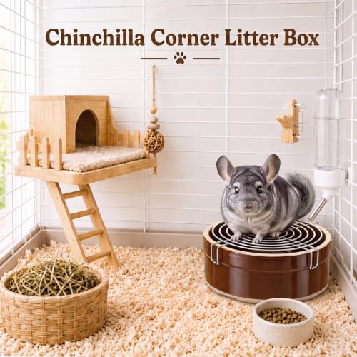 Maxcheck Ceramic Chinchilla Corner Litter Box Set for Small Pets, Chew Resistant Trainer Tip-Proof 7" Round Litter Pan with Stainless Steel Grid Plastic Bags for Hamster, Hedgehog, Gerbil, Ferret