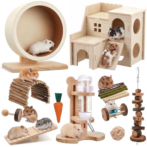 18 Pcs Hamster Cage Accessories, Silent Hamster Wheel 15 Toys Set | Maze Wood House and Water Bottle Set for Rat Mice Small Animals Habitat Decor Enrichment Starters (Serene Wooden Style) - style: Harmony Wooden Style