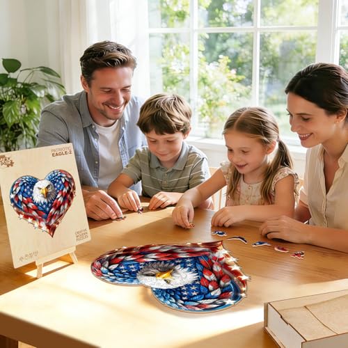 Wooden Puzzles for Adults - Patriotic Bald Eagle | Unique Heart-Shaped Pieces Wooden Jigsaw Puzzles - 4th of July Wood Gift for 250th Anniversary (8.5 * 7.9in -100 Pieces) - color: Patriotic Eagle-2, size: Small
