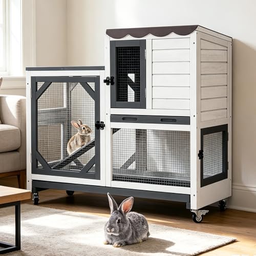 Large Rabbit Hutch Outdoor, 2-Tier Bunny Hutch with Wheels and Waterproof Roof, Wooden Guinea Pig Cage with Leak-Proof Pull-Out Trays, Multi-Door Bunny Cage for Small Animals-Black and White - color: Black and White-AIR7013