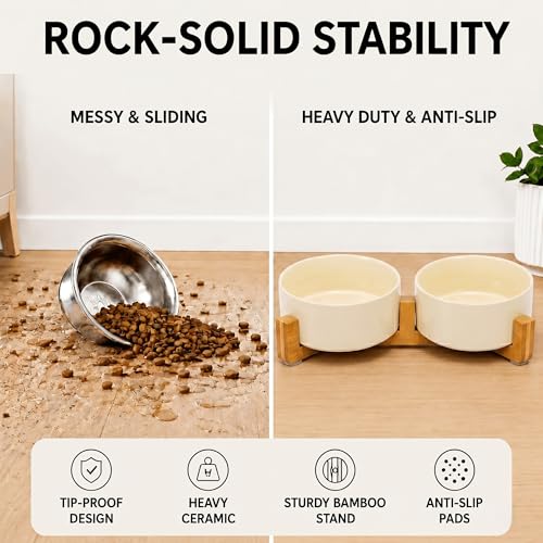 SPUNKYJUNKY Ceramic Dog and Cat Bowl Set with Wooden Stand, Modern Cute Weighted Food Water Set for Small Size Dogs (13.5OZ) & Medium Sized Dogs (28.7OZ) & Cats (3.6 Cups, 2 × Beige) - color: Beige × 2, size: 3.6 cups