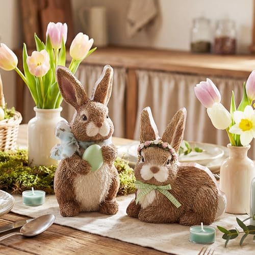 DoubleFill 2 Pcs Easter Bunny Figurine Easter Wooden Bunny Figurines Farmhouse Rabbit Table Decoration for Spring Office Centerpiece Decor Party Supplies - style: Elegant Style