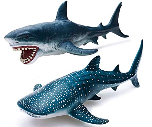 Gemini&Genius Sea Animal Great White Shark & Whale Shark Action Figures Set | Soft Rubber Ocean Sea Animal Marine Animal Model Toys for Kids Swimming, Beach, Bath, Role Playing - color: Great White Shark and Whale Shark