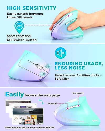 Lekvey Ergonomic Mouse, Rechargeable Vertical Wireless Mouse, Green Purple | USB-C Charging, 2.4G Wireless, 800/1200/1600 DPI, Quiet Clicks, 6 Buttons, Carpal Tunnel Mouse, for Laptop, PC, Computer, Mac - color: Green and Purple