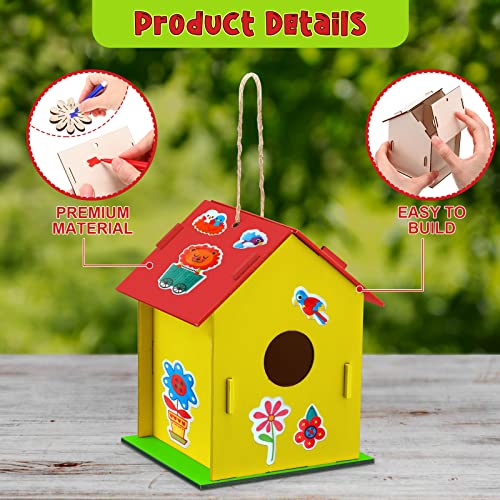 107 Pcs Wooden Birdhouse DIY Kits Includes 21 Unfinished Wood Mini Bird House 24 Watercolor Pen 50 Bird Butterfly Flower Slices 12 Animal Stickers for Adults DIY Craft Making Supplies (Cute)