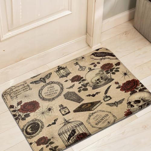 JAWO Gothic Halloween Bath Mat, Vintage Skull Red Rose Crow Bat Spider Web Print, Retro Horror Non-Slip Absorbent Floor Mat, Haunted Home Decor 19X31 - color: Beige, size: 19.00" X 31.00"
