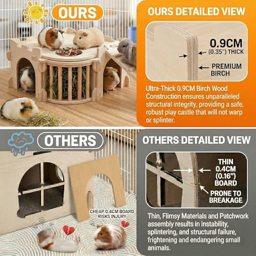 Natural Wood Chinchilla House with Ladder and Hay Feeder | Guinea Pig Castle Small Animal Hideout for Rabbit, Guinea Pig, Chinchilla, Hedgehog - size: Extra Large Assembly Style