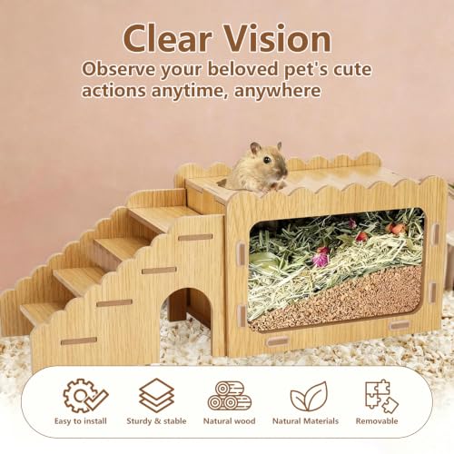 Wooden Hamster Hideout,Hamster Digging Room with Acrylic Board(Ladder) | Excavation box with ladder,easy to install,washable - color: brown