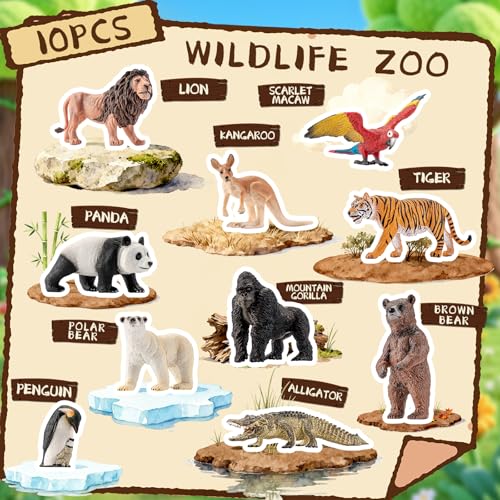 Large Safari Animals Figures Toys Wild Zoo Animal Figurines | Realistic Jungle Zoo Animal Set for Kids, with Kangaroo, Gorilla, Grizzly bear, Crocodile, Polar Bear, Penguin, Tiger, Panda - style: 10PCS Zoo Animal