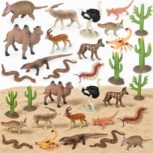 16pcs Desert Animal Figures Playset with Cactus & Model Trees | Diorama Project with Fennec Fox Camel Rattlesnake Scorpion Lizard,Reptile Toys for Diorama Supplies Cake Toppers Party Decor