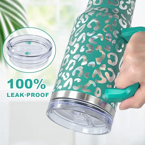40 oz Tumbler with Handle and Straw, 100% Leak-Proof Travel Mug, Stainless Steel Double Wall Vacuum Insulated Coffee Cup Keeps Cold For 34 Hours, Dishwasher Safe, Green Leopard - color: Green Leopard