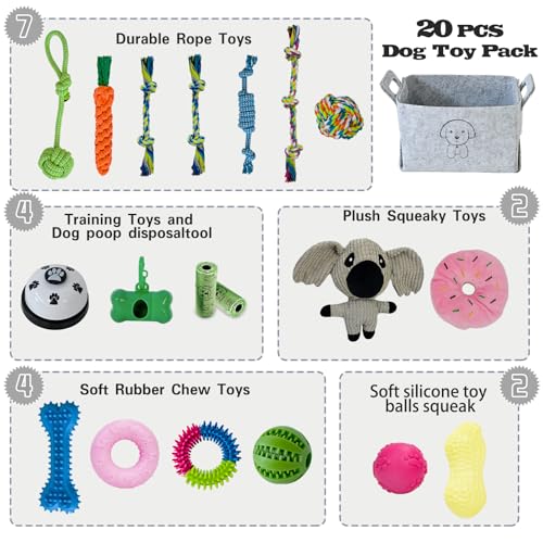 MRSOHRET 20Pcs Puppy Chew Toys for Teething, Dog Chew Toys with Rope Toys, Pet Dog Toothbrush, Treat Balls, Plush Toys and Squeaky Toy for Small Medium Dogs with Basket - color: 20 Pack Koala