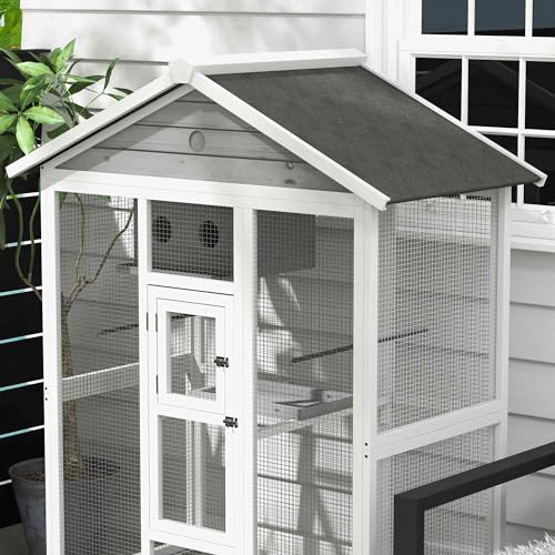 PawHut 64.5" Wooden Bird Cage Aviary, Flight Cage with 4 Perches, Nest and Slide-Out Tray for Indoor/Outdoor, Gray | 4 Perches, Nest, Slide-Out Tray