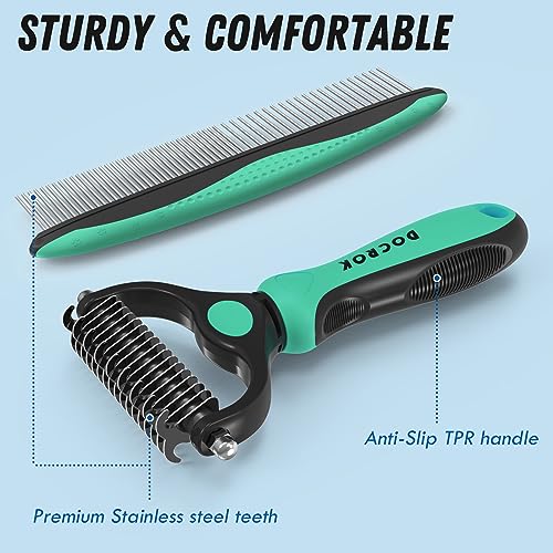 Docrok Pet Grooming Brush and Metal Comb Combo for Dogs & Cats, Green | Dematting Deshedding Undercoat Rake, Cat Brush Dog Brush Shedding Tool for Long Matted Haired Pets - color: Green