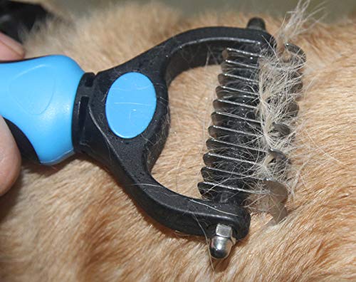 Maxpower Planet Pet Grooming Brush - Double Sided Dematting Undercoat Rake for Dogs and Cats, Extra Wide Pet Brush to Reduce Shedding by 95% (Blue, S) | 9 & 17 Teeth, Deshedding & Dematting Tool, Long & Thick Double Coats, Non-Slip Handle, Reduces Sheddin