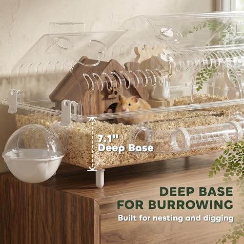 PawHut 8 in 1 PET Hamster Cage 21.5 x 11.8 x 12.6 Inches | Dwarf Hamster Cage, Large Wheel and Hideout, Small Animal Habitat, Accessories, Clear Pet House